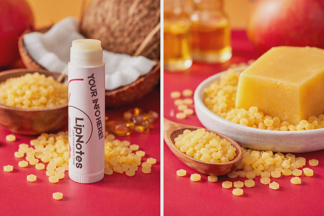 LipNotes lip balm surrounded by natural beeswax pellets on a red background, highlighting beeswax as a key lip balm ingredient.