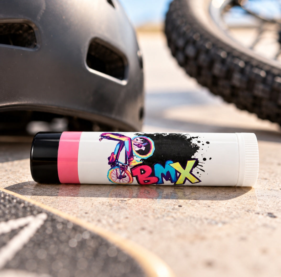 BMX Lip Balm with a colorful freestyle BMX rider and bold graffiti-inspired BMX design.