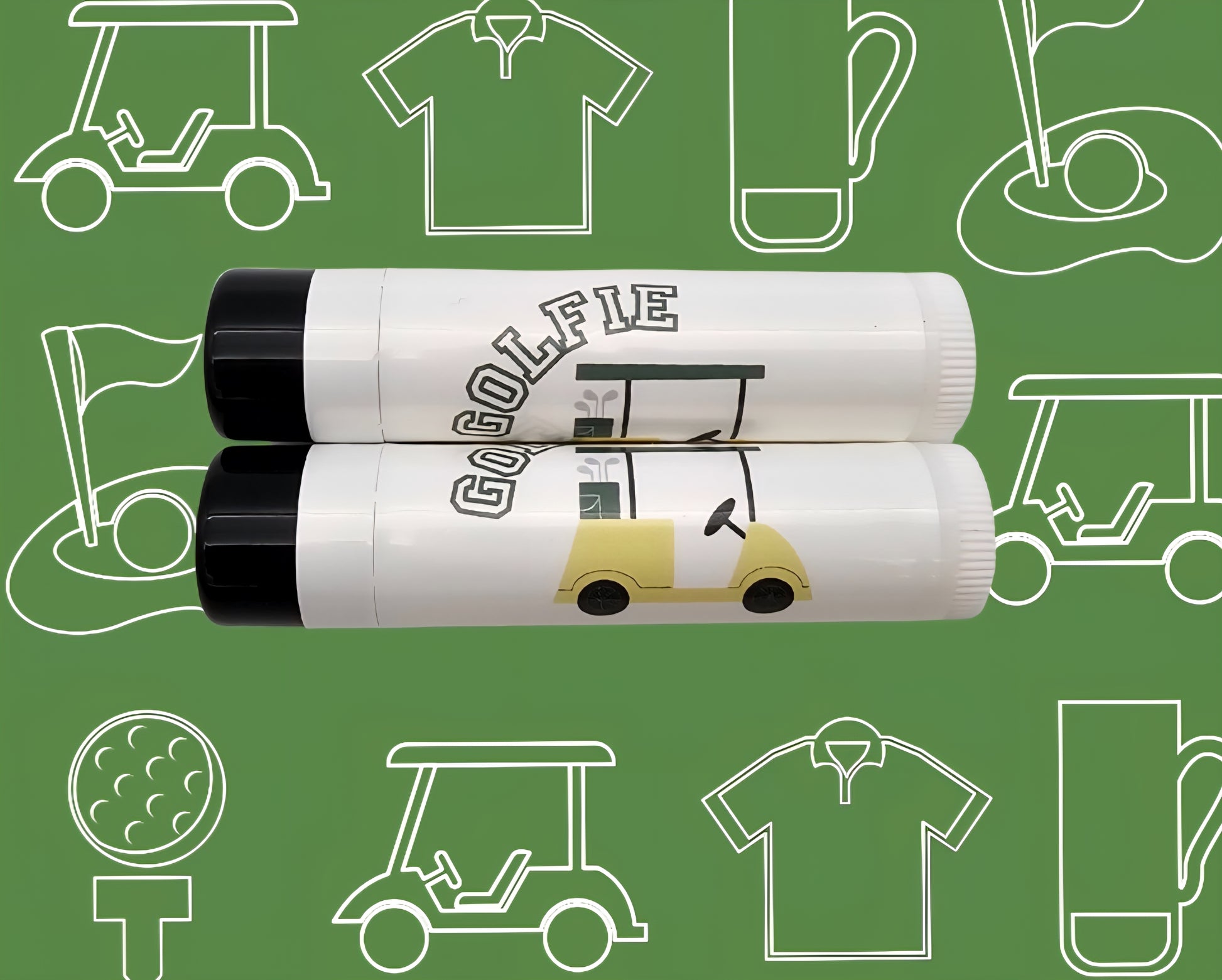 Two lip balms with 'GOLFIE' branding on a green background with golf-themed illustrations.