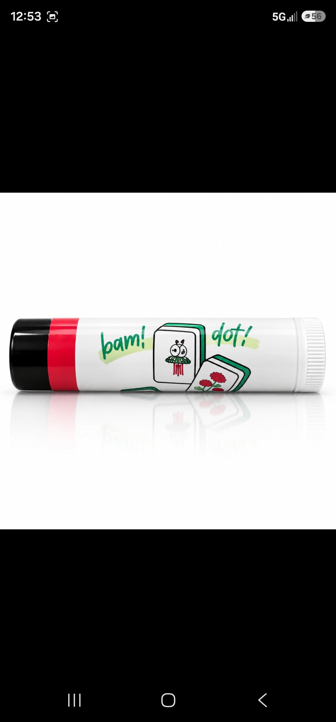 Bam! Dot! Mahjong Lip Balm with colorful green and red mahjong-inspired tile designs.