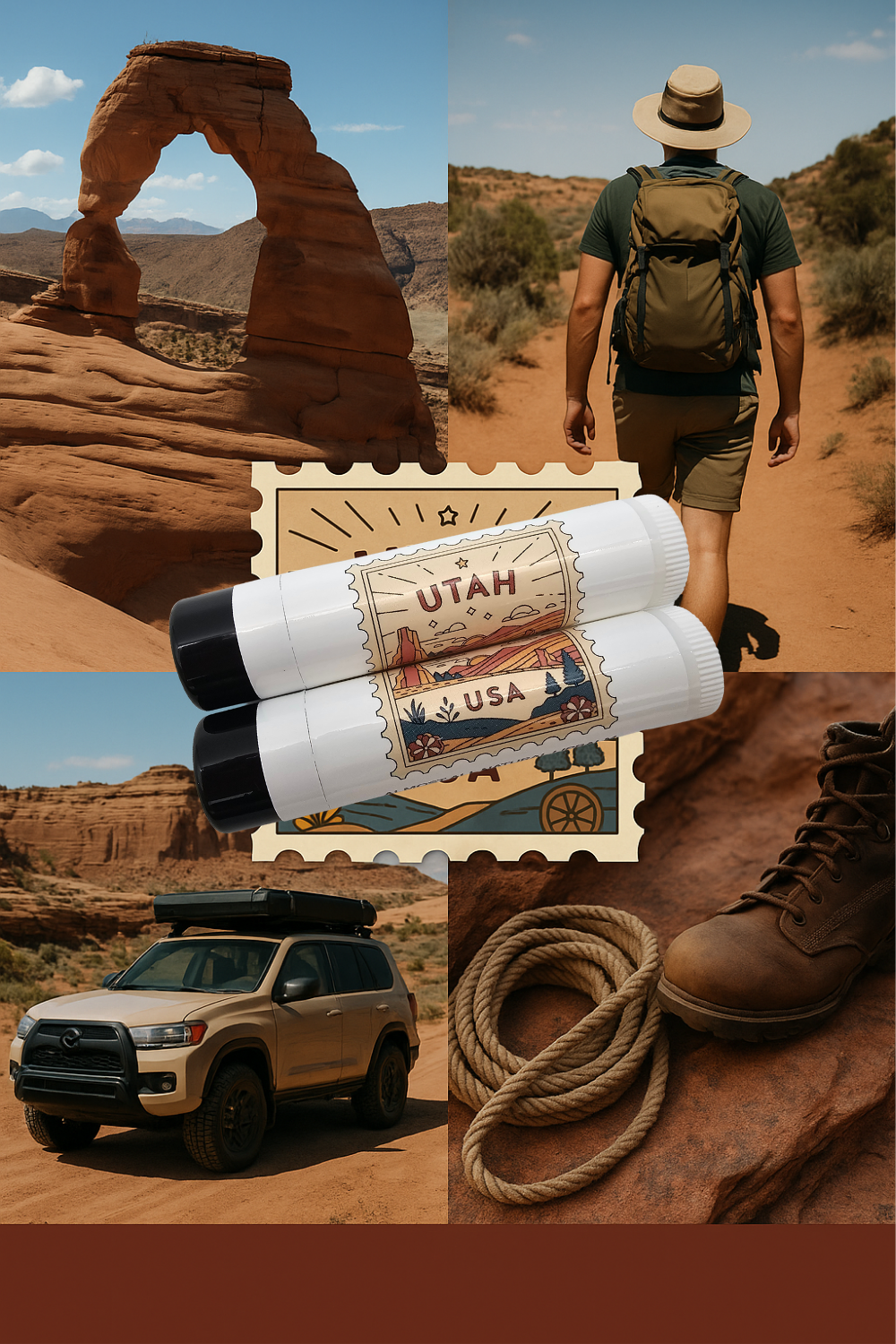 Collage of Utah-themed items including a stamp, backpacker, car, and boot in a desert setting.