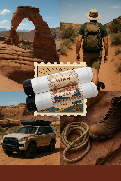 Collage of Utah-themed items including a stamp, backpacker, car, and boot in a desert setting.